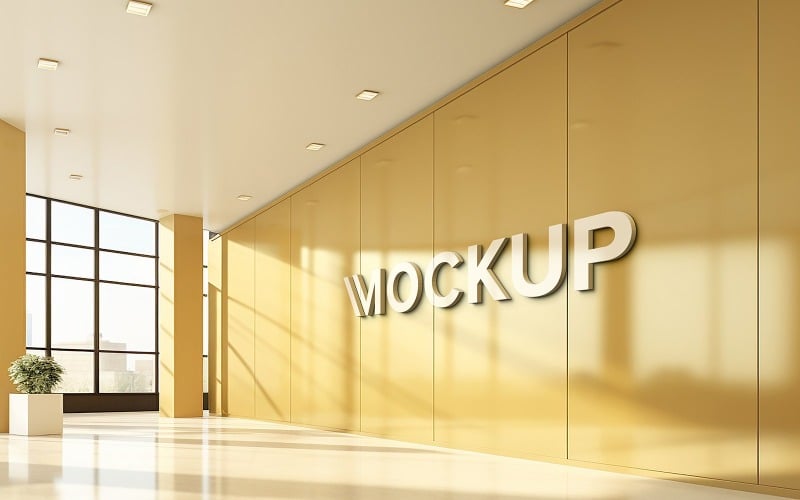 3d logo mockup on golden office wall - TemplateMonster