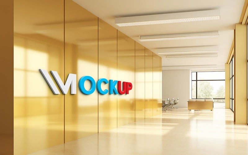 Office indoor 3d logo mockup on golden wall - TemplateMonster