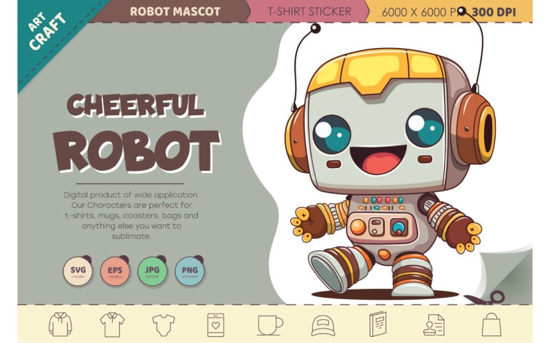 Neşeli karikatür robotu. Tişört, PNG, SVG.