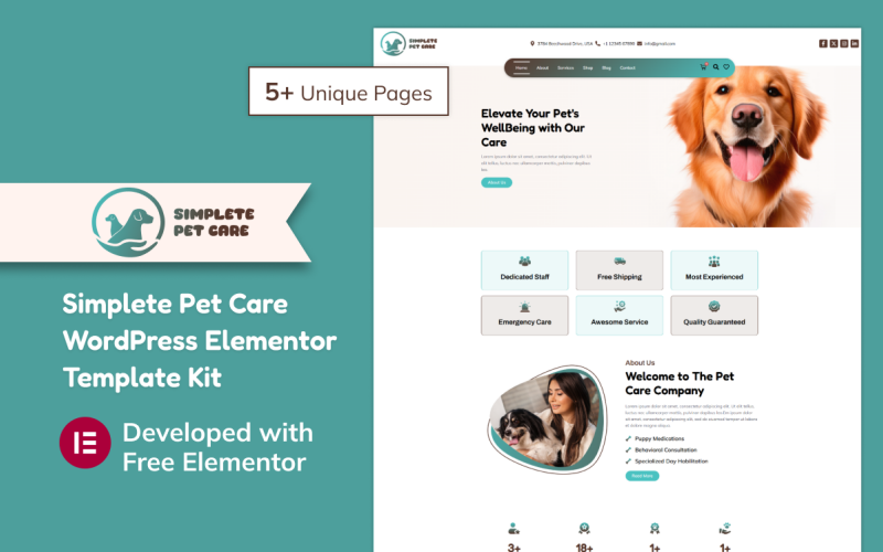Eenvoudige dierenverzorging WordPress Elementor-sjabloonkit