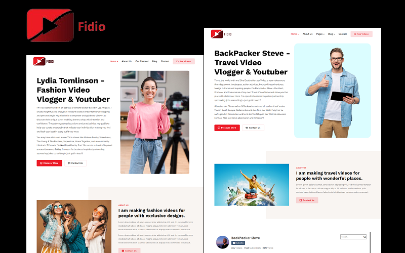 Fidio - Youtuber, Videoskapare, Videoredigerare Portfolio Elementor WordPress-tema