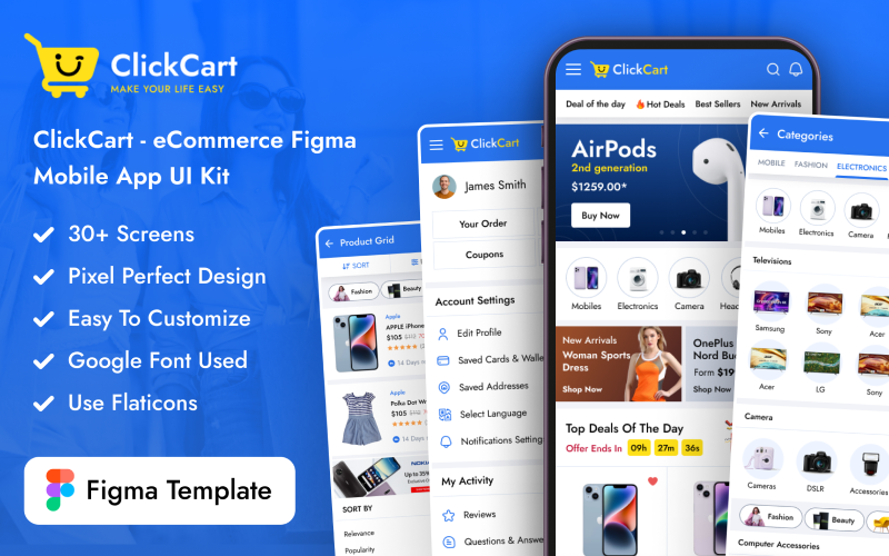 ClickCart – набір інтерфейсу користувача Figma Mobile App для електронної комерції
