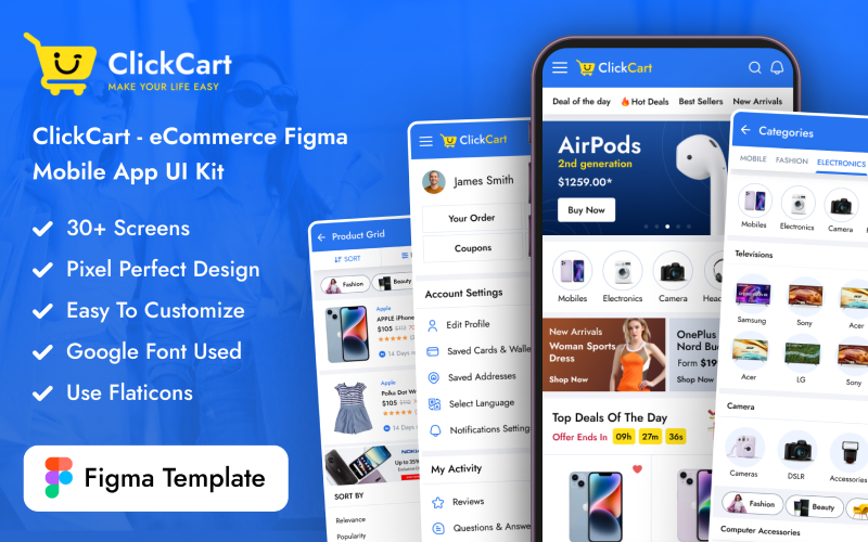 ClickCart — zestaw interfejsu użytkownika aplikacji mobilnej eCommerce Figma