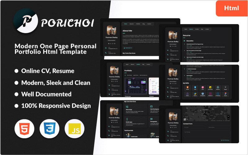 Porichoi - Modello Html per portfolio personale moderno di una pagina