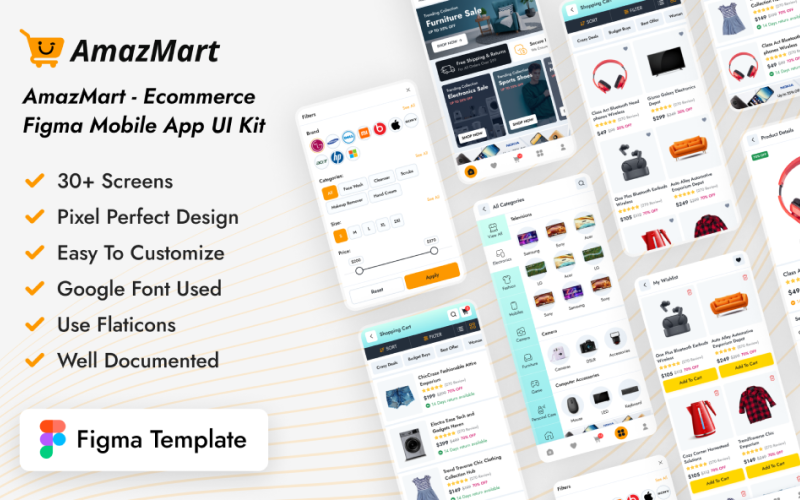 AmazMart — набор пользовательского интерфейса мобильного приложения Figma для электронной коммерции