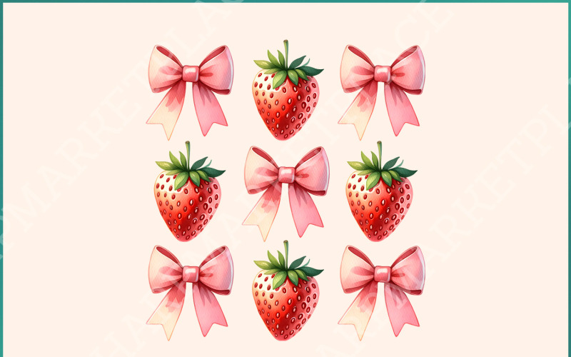 Coquette Çilek ve Pembe Fiyonk PNG - Trendy Coquette Estetiği, Preppy Digital Download