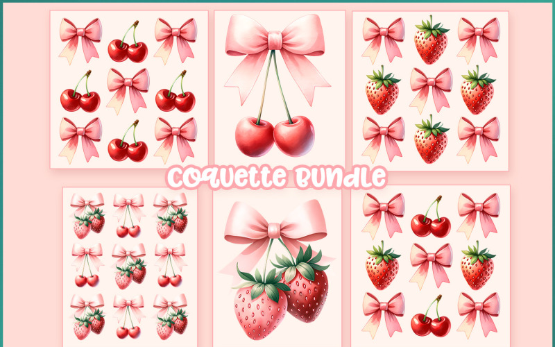 Coquette Mega Bundle Różowa kokardka i truskawkowy pakiet PNG: estetyka Cottagecore, preppy sublimacja