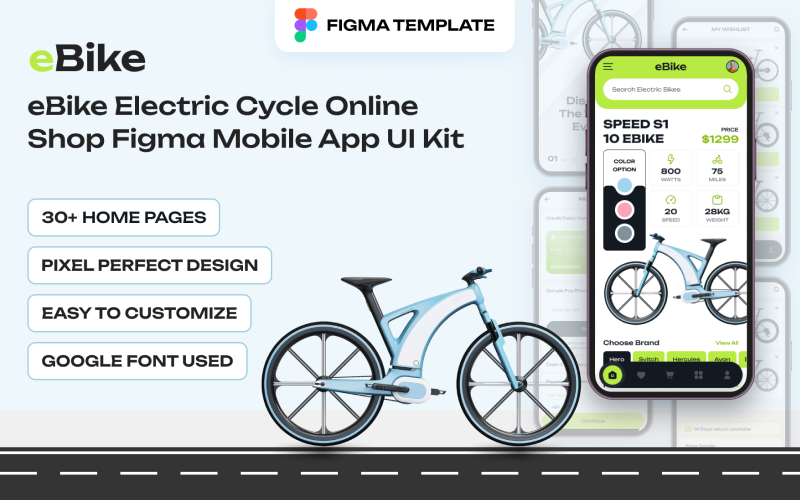 eBike - elektromos kerékpáros online áruház Figma mobilalkalmazás felhasználói felület készlet