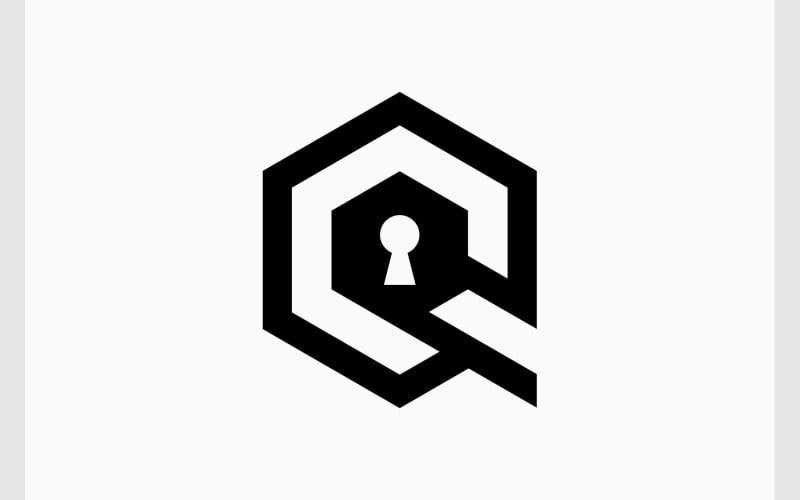 Logotipo de ojo de cerradura hexagonal con letra Q