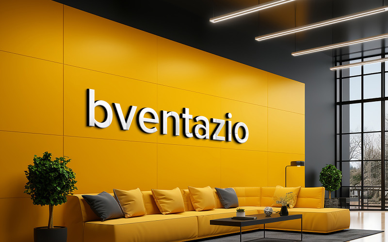 Modello di logo 3d sulla parete gialla della sala d'attesa dell'ufficio