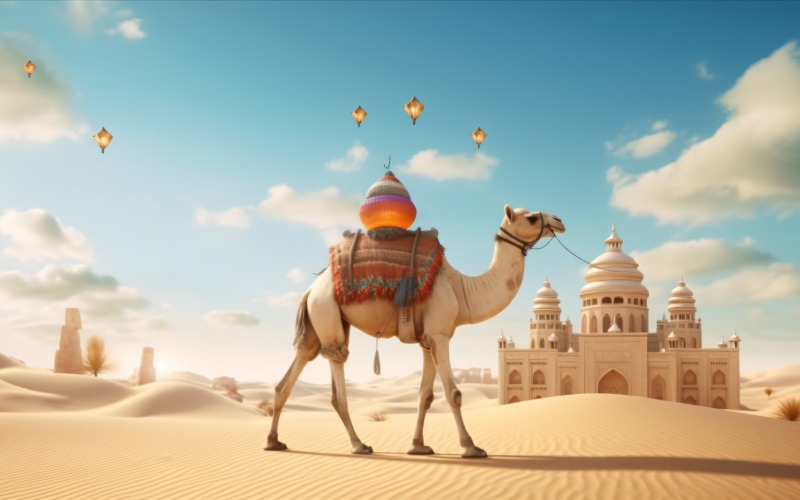Camelo no deserto com mesquita e palmeira dia ensolarado 04
