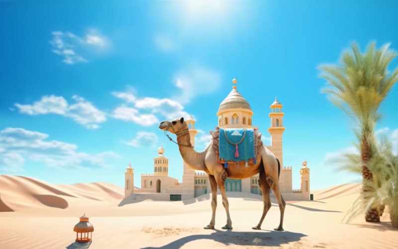 Camelo no deserto com mesquita e palmeira dia ensolarado 09