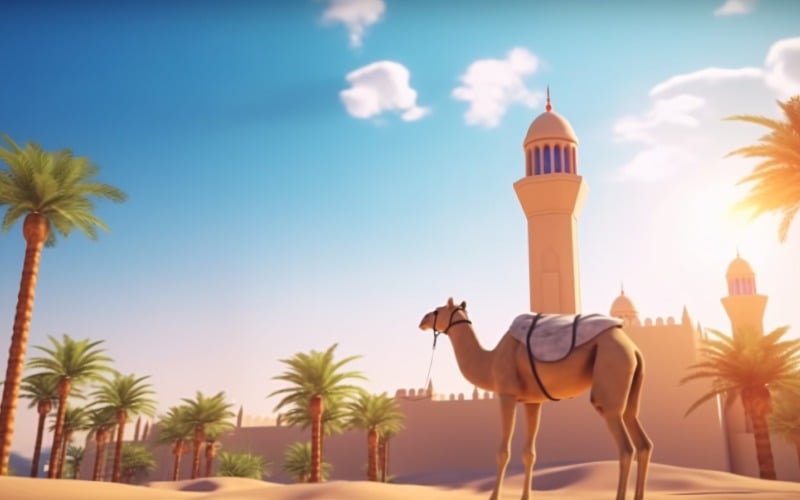 Cammello nel deserto con moschea e palme, giornata di sole 01