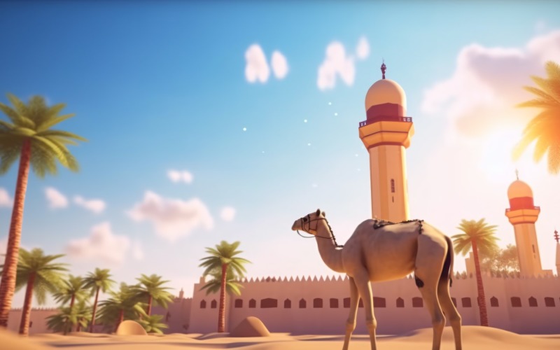 Cammello nel deserto con moschea e palme, giornata di sole 05