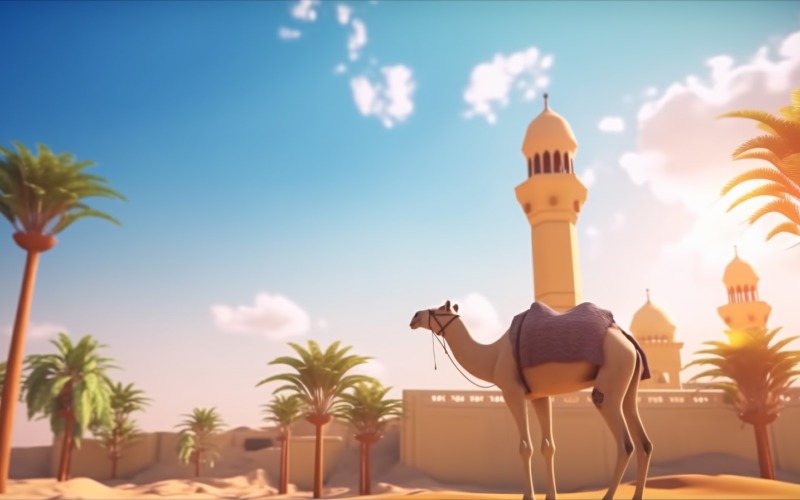 Cammello nel deserto con moschea e palme, giornata di sole 06