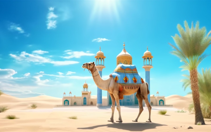 Cammello nel deserto con moschea e palme, giornata di sole 08
