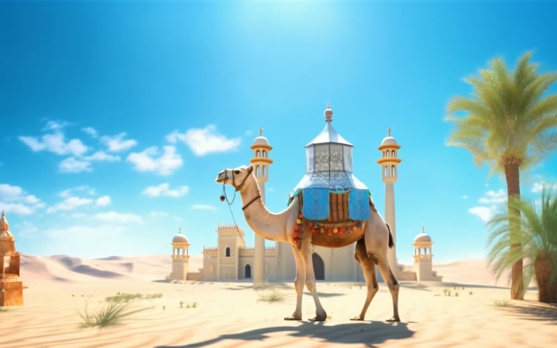 Chameau dans le désert avec mosquée et palmier journée ensoleillée 02