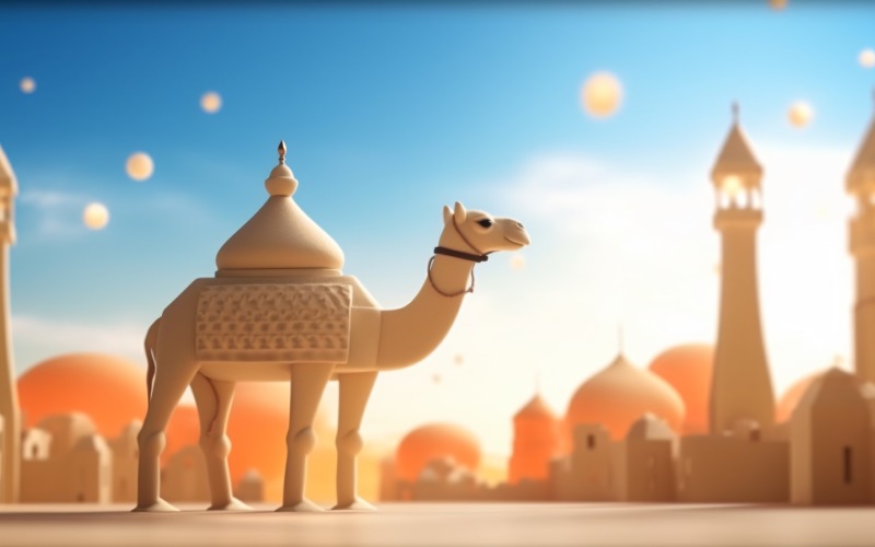 Kamel in der Wüste mit Moschee und Palme, sonniger Tag 03