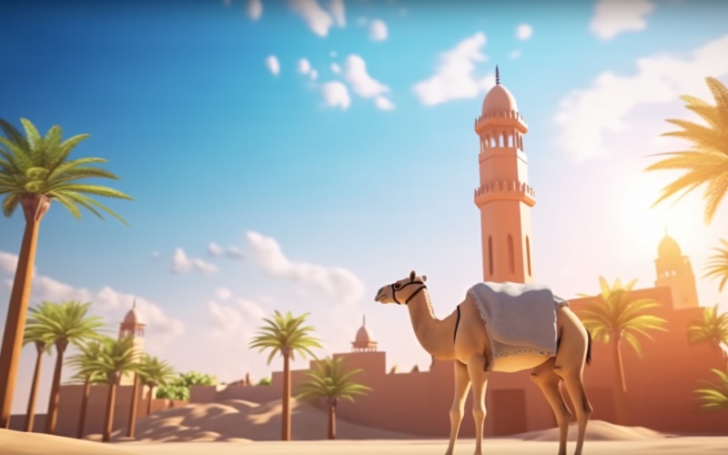 Kamel in der Wüste mit Moschee und Palme, sonniger Tag 07