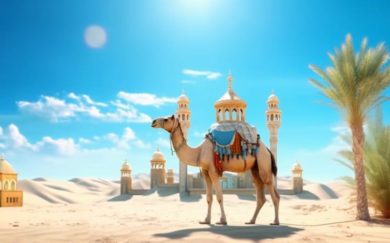 Kamel på öken med moské och palm solig dag 10