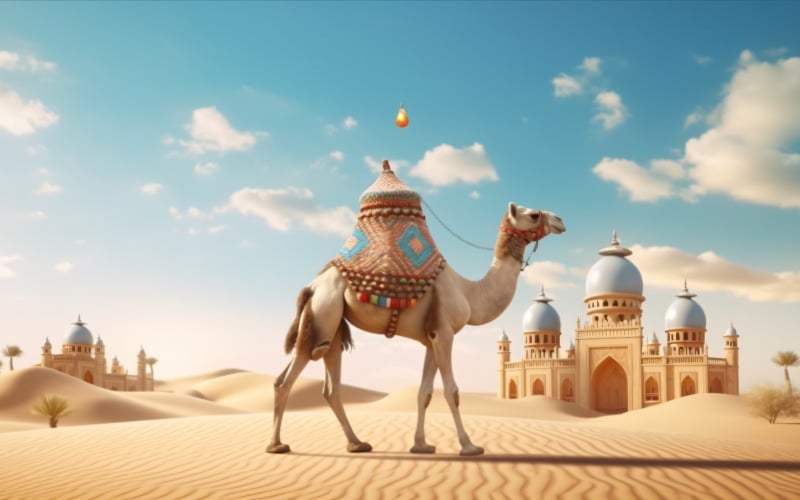 Верблюд у пустелі з мечеттю та пальмою сонячний день 11