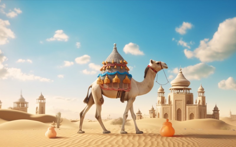 Camello en el desierto con mezquita y palmera día soleado 12