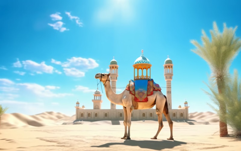 Camello en el desierto con mezquita y palmera día soleado 13