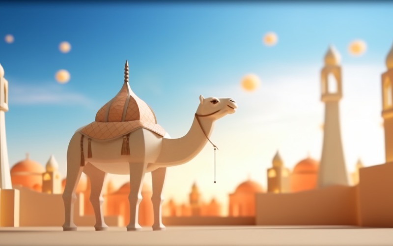 Camello en el desierto con mezquita y palmera día soleado 14