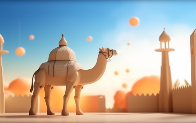 Camello en el desierto con mezquita y palmera día soleado 16