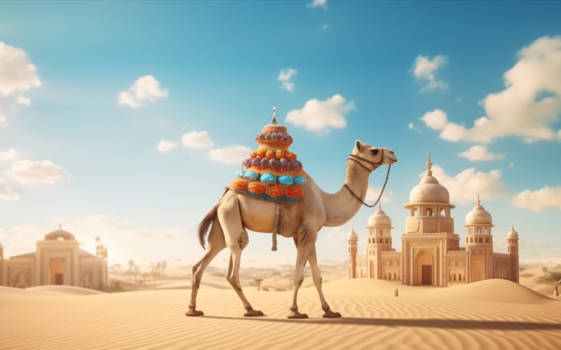 Camello en el desierto con mezquita y palmera día soleado 18