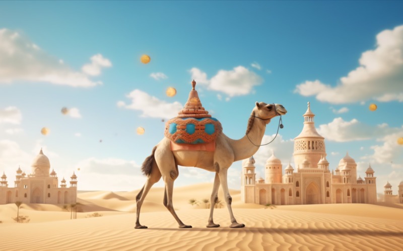 Cammello nel deserto con moschea e palme, giornata di sole 17