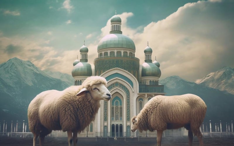 Pecore davanti alla moschea e allo sfondo delle montagne 01