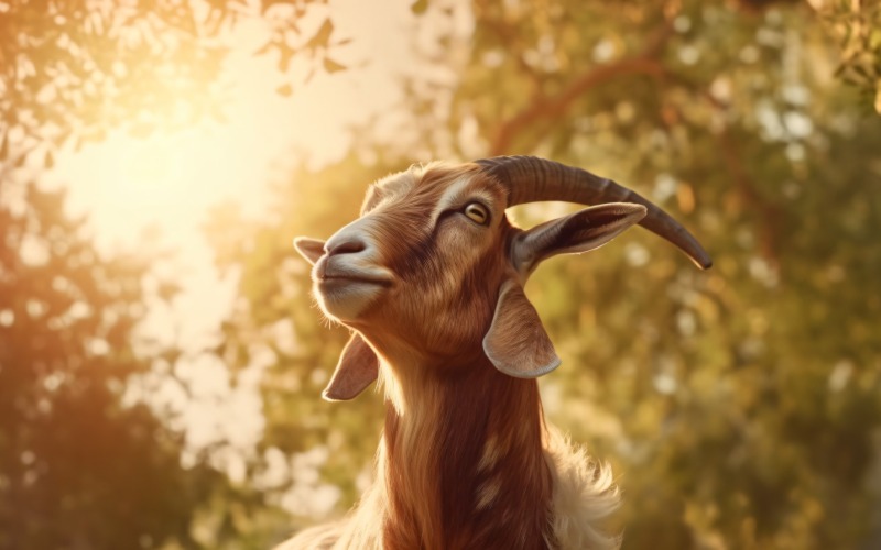 Primo piano di una bellissima capra con i capelli castani Occhi chiusi Alberi nel deserto 02