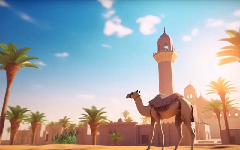 Velbloud na poušti s mešitou a palmou slunečný den 19