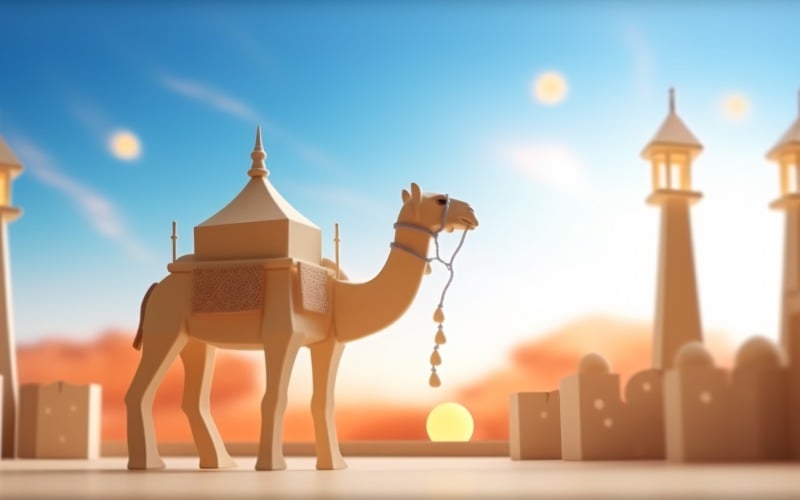 Верблюд у пустелі з мечеттю та пальмою, сонячний день 20