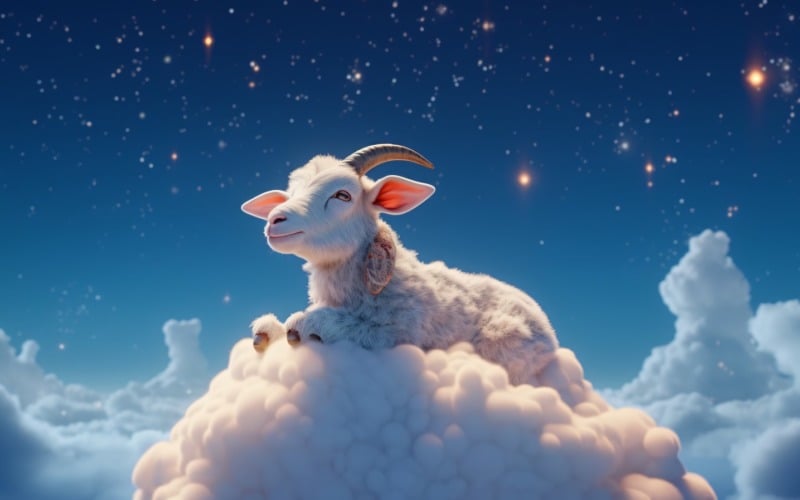 一只可爱的山羊睡在美丽的云朵上 03