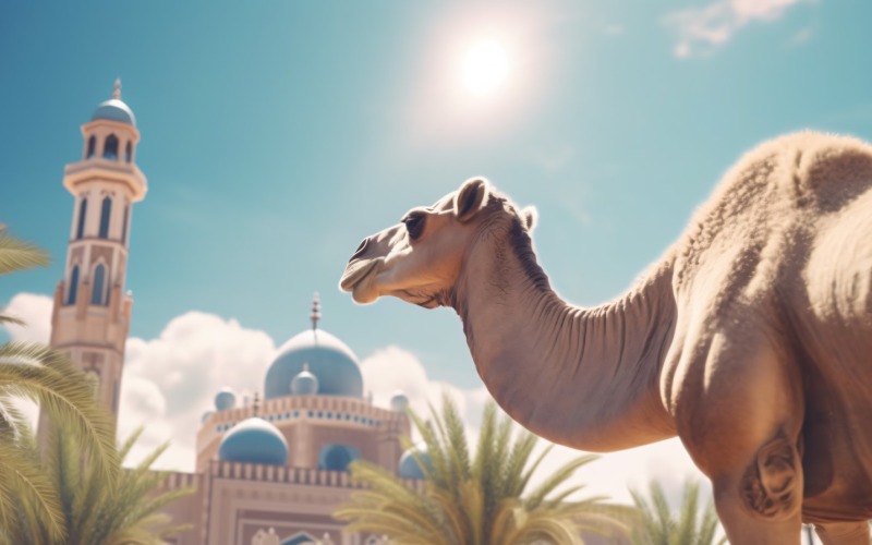 Chameau dans le désert avec mosquée et palmier journée ensoleillée 24