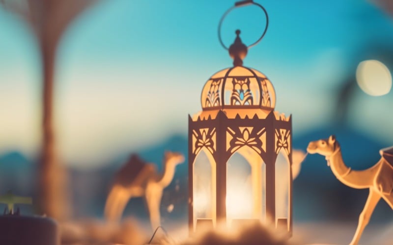 lanterne art islamique, chameau sur désert avec mosquée02
