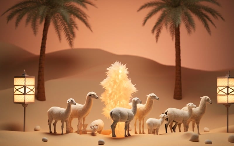 sheep on desert with lantern Islamic art in the background 01