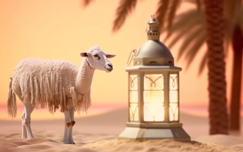 moutons sur désert avec lanterne art islamique en arrière-plan 04