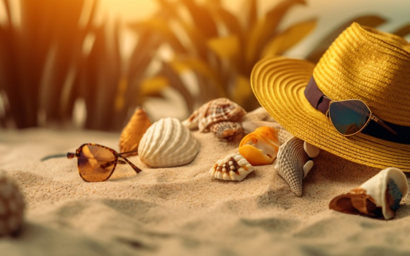 Sommarhatt solglasögon snäckskal och löv på sandstranden 039