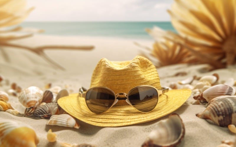 Óculos de sol com chapéu de verão, concha e folha na praia arenosa 038