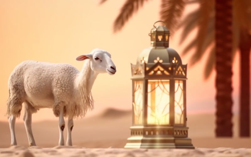 вівці в пустелі з ліхтарем ісламського мистецтва на тлі 03