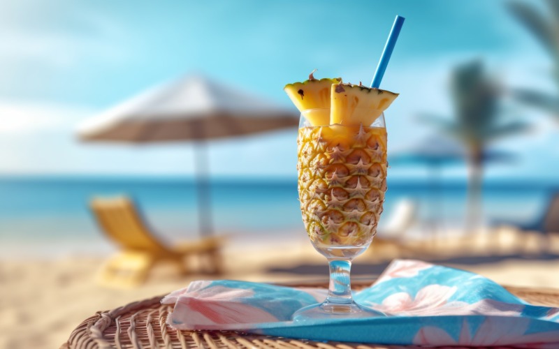 Ананасовый напиток в бокале для коктейля и сцена на песчаном пляже 117