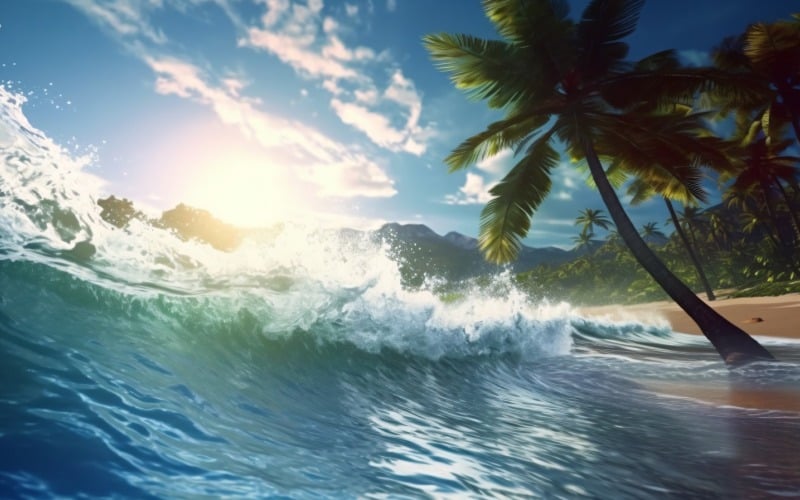 As ondas da cena da praia surfam com a ilha marítima do oceano azul 052