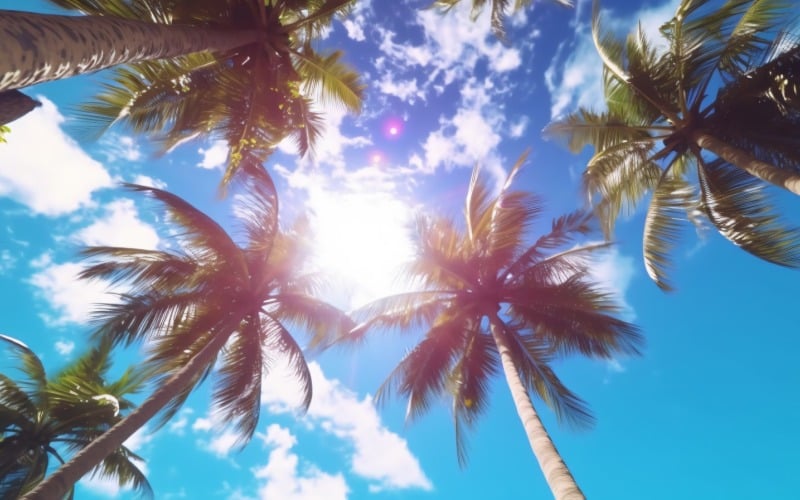 Блакитне небо та пальмові дерева, тропічний пляж та літній фон 090