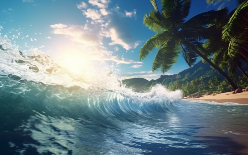 Le onde della scena della spiaggia surfano con l'isola blu del mare dell'oceano 049