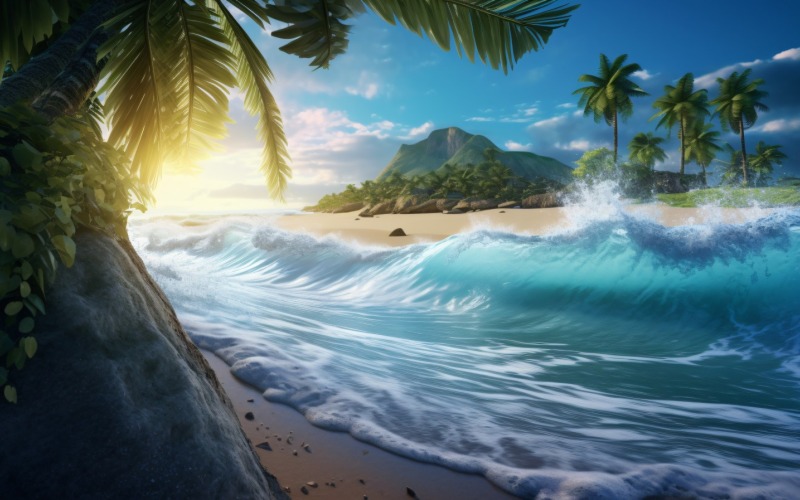 Le onde della scena della spiaggia surfano con l'isola blu del mare oceano 042