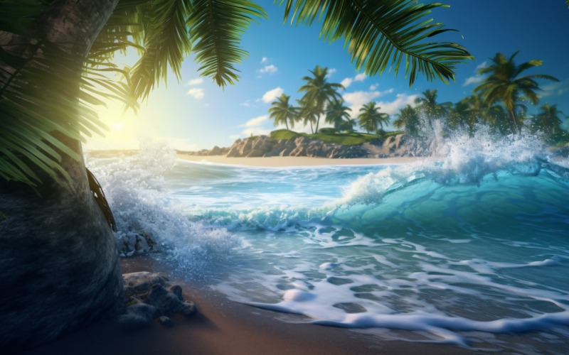 Le onde della scena della spiaggia surfano con l'isola blu del mare oceano 062