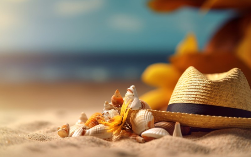 Occhiali da sole con cappello estivo conchiglia e foglia sulla spiaggia sabbiosa 037